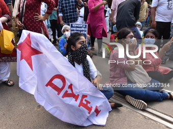 Left Front students union, youth wing and women's association protest on 16th July 2020, Kolkata, India. According to recent emergency situa...