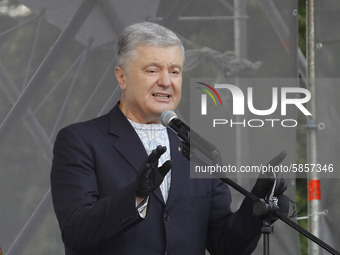 Former Ukrainian President and the leader of 'European Solidarity' party Petro Poroshenko speaks during a rally in support Ukrainian languag...