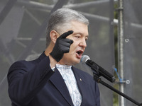 Former Ukrainian President and the leader of 'European Solidarity' party Petro Poroshenko speaks during a rally in support Ukrainian languag...