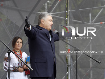 Former Ukrainian President and the leader of 'European Solidarity' party Petro Poroshenko speaks during a rally in support Ukrainian languag...