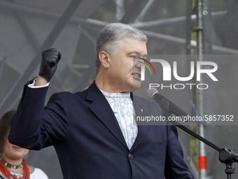 Former Ukrainian President and the leader of 'European Solidarity' party Petro Poroshenko speaks during a rally in support Ukrainian languag...