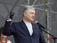 Former Ukrainian President and the leader of 'European Solidarity' party Petro Poroshenko speaks during a rally in support Ukrainian languag...