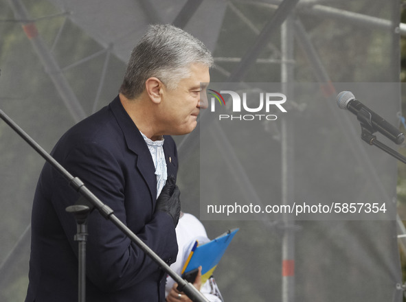 Former Ukrainian President and the leader of 'European Solidarity' party Petro Poroshenko speaks during a rally in support Ukrainian languag...