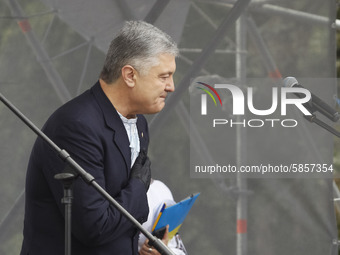 Former Ukrainian President and the leader of 'European Solidarity' party Petro Poroshenko speaks during a rally in support Ukrainian languag...