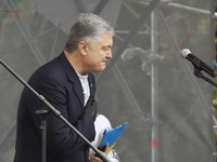 Former Ukrainian President and the leader of 'European Solidarity' party Petro Poroshenko speaks during a rally in support Ukrainian languag...