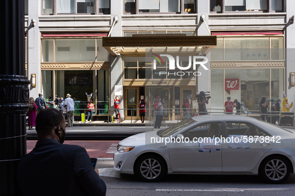 Chicago Teachers Union members and supporters join a car caravan outside Chicago Public Schools (CPS) headquarters while a Chicago Board of...