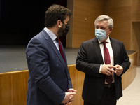 Minister of Education Tiago Brandao Rodrigues (L) and Mayor of Gaia, Eduardo Vitor Rodrigue during a session meeting, at the Autidorio Munic...