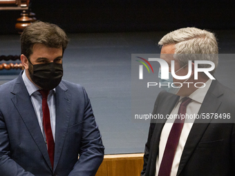 Minister of Education Tiago Brandao Rodrigues (L) and Mayor of Gaia, Eduardo Vitor Rodrigue during a session meeting, at the Autidorio Munic...