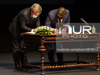 Minister of Education Tiago Brandao Rodrigues (R) and Mayor of Gaia, Eduardo Vitor Rodrigue during a session meeting, at the Autidorio Munic...