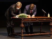 Minister of Education Tiago Brandao Rodrigues (R) and Mayor of Gaia, Eduardo Vitor Rodrigue during a session meeting, at the Autidorio Munic...