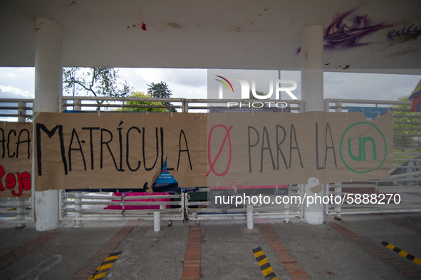 Students of the National University of Colombia 'Universidad Nacional de Colombia' in Bogota protest by setting a campsite inside campus for...