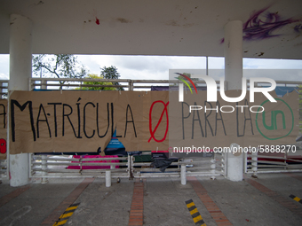 Students of the National University of Colombia 'Universidad Nacional de Colombia' in Bogota protest by setting a campsite inside campus for...