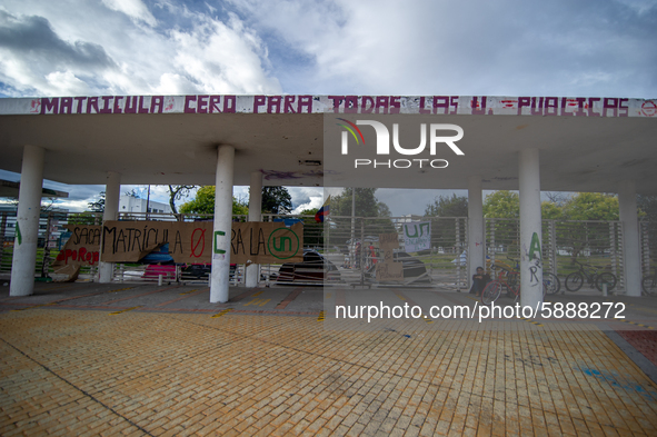 Students of the National University of Colombia 'Universidad Nacional de Colombia' in Bogota protest by setting a campsite inside campus for...