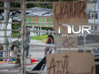 Students of the National University of Colombia 'Universidad Nacional de Colombia' in Bogota protest by setting a campsite inside campus for...