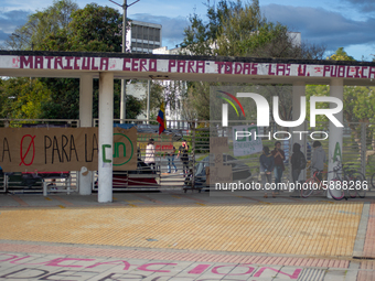 Students of the National University of Colombia 'Universidad Nacional de Colombia' in Bogota protest by setting a campsite inside campus for...