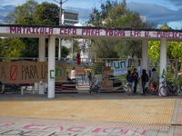 Students of the National University of Colombia 'Universidad Nacional de Colombia' in Bogota protest by setting a campsite inside campus for...