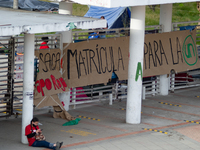 Students of the National University of Colombia 'Universidad Nacional de Colombia' in Bogota protest by setting a campsite inside campus for...