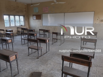 Students’ chairs and desks are arranged in order to maintain social distancing at Agidingbi Senior Grammar School, Ikeja, Lagos, Nigeria as...