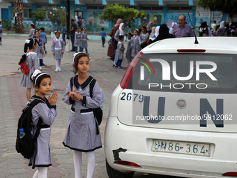 Palestinian students at a United-Nations run school as a new school year begins as Palestinians ease the coronavirus disease (COVID-19) rest...