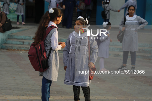 Palestinian students at a United-Nations run school as a new school year begins as Palestinians ease the coronavirus disease (COVID-19) rest...