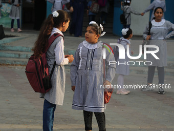 Palestinian students at a United-Nations run school as a new school year begins as Palestinians ease the coronavirus disease (COVID-19) rest...