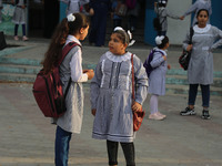 Palestinian students at a United-Nations run school as a new school year begins as Palestinians ease the coronavirus disease (COVID-19) rest...