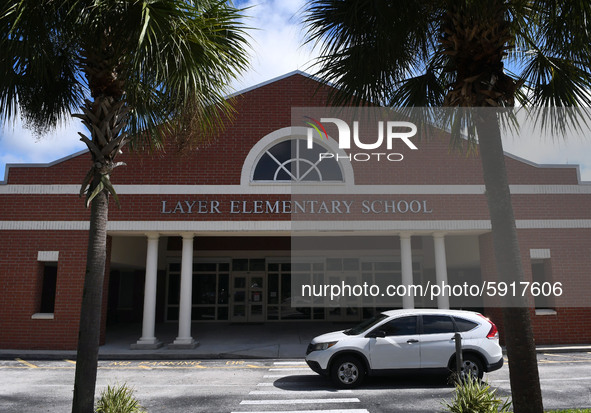 The entrance to Layer Elementary School is seen a week before classes begin for the school year during the COVID-19 pandemic on August 10, 2...