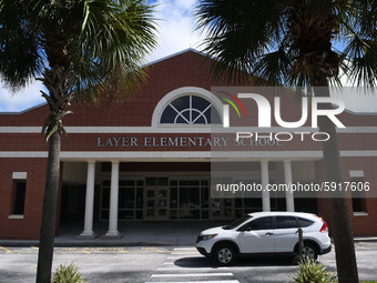 The entrance to Layer Elementary School is seen a week before classes begin for the school year during the COVID-19 pandemic on August 10, 2...