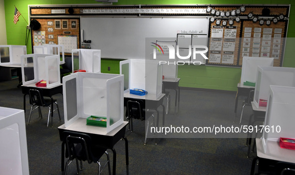 A classroom at Layer Elementary School is seen during a media preview a week before classes begin for the year during the COVID-19 pandemic...