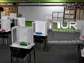 A classroom at Layer Elementary School is seen during a media preview a week before classes begin for the year during the COVID-19 pandemic...