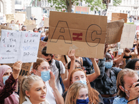 Youth protests at Parliament square against a new exam rating system which has been introduced in British education system - London, England...