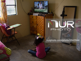 A student takes virtual classes and through the different television channels on August 24, 2020 in Mexico City, Mexico, during the new 2020...