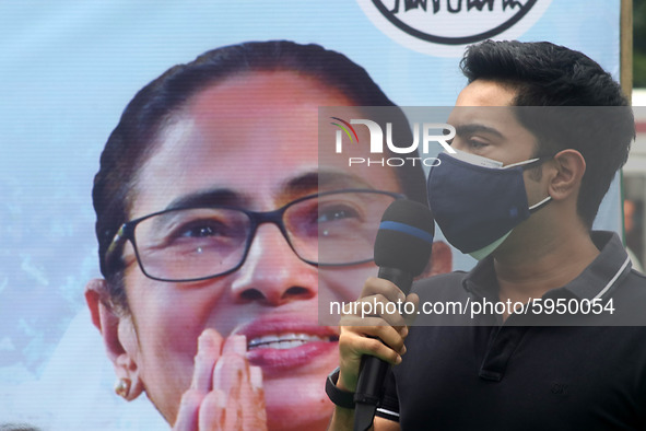 West Bengal Chief Minister Mamata Banerjee nephew and Trinamool Congress MP  Abhishek Banerjee addresses a protest against the Union Governm...