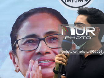 West Bengal Chief Minister Mamata Banerjee nephew and Trinamool Congress MP  Abhishek Banerjee addresses a protest against the Union Governm...