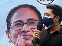 West Bengal Chief Minister Mamata Banerjee nephew and Trinamool Congress MP  Abhishek Banerjee addresses a protest against the Union Governm...