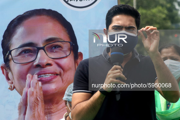 West Bengal Chief Minister Mamata Banerjee nephew and Trinamool Congress MP  Abhishek Banerjee addresses a protest against the Union Governm...