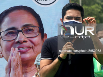 West Bengal Chief Minister Mamata Banerjee nephew and Trinamool Congress MP  Abhishek Banerjee addresses a protest against the Union Governm...