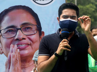 West Bengal Chief Minister Mamata Banerjee nephew and Trinamool Congress MP  Abhishek Banerjee addresses a protest against the Union Governm...