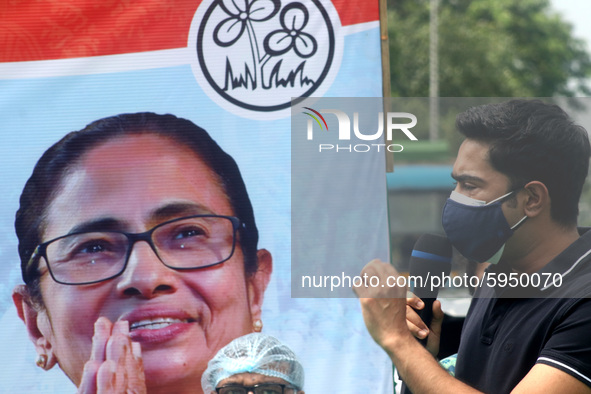 West Bengal Chief Minister Mamata Banerjee nephew and Trinamool Congress MP  Abhishek Banerjee addresses a protest against the Union Governm...