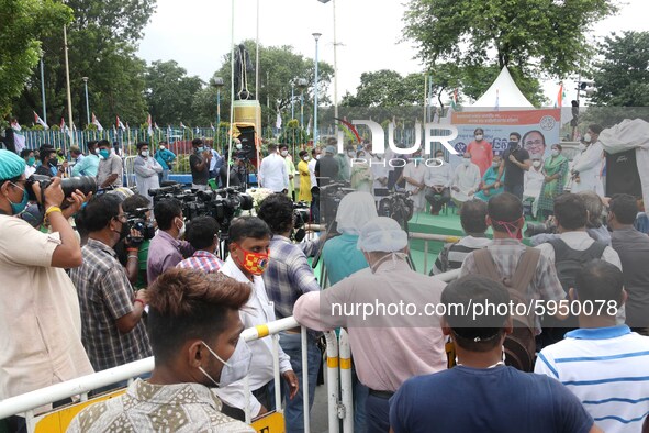 West Bengal Chief Minister Mamata Banerjee nephew and Trinamool Congress MP  Abhishek Banerjee addresses a protest against the Union Governm...