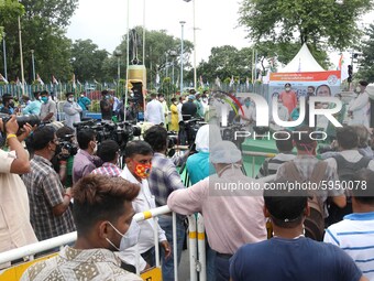 West Bengal Chief Minister Mamata Banerjee nephew and Trinamool Congress MP  Abhishek Banerjee addresses a protest against the Union Governm...