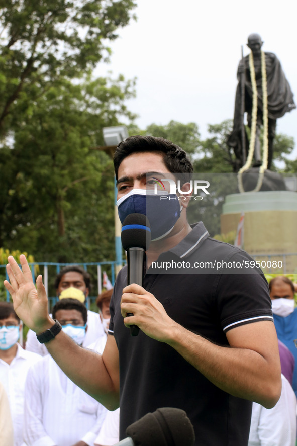 West Bengal Chief Minister Mamata Banerjee nephew and Trinamool Congress MP  Abhishek Banerjee addresses a protest against the Union Governm...