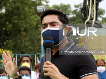 West Bengal Chief Minister Mamata Banerjee nephew and Trinamool Congress MP  Abhishek Banerjee addresses a protest against the Union Governm...