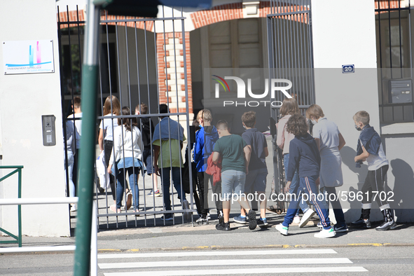 Students leaving college on the first day of school on September 1, 2020 in Chateaubriant, in western France. Due to the coronavirus epidemi...