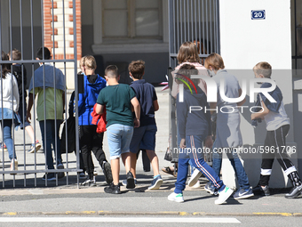 Students leaving college on the first day of school on September 1, 2020 in Chateaubriant, in western France. Due to the coronavirus epidemi...