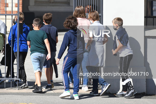 Students leaving college on the first day of school on September 1, 2020 in Chateaubriant, in western France. Due to the coronavirus epidemi...