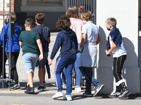 Students leaving college on the first day of school on September 1, 2020 in Chateaubriant, in western France. Due to the coronavirus epidemi...