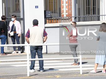 Students leaving college on the first day of school on September 1, 2020 in Chateaubriant, in western France. Due to the coronavirus epidemi...