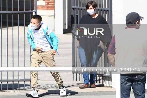 Students leaving college on the first day of school on September 1, 2020 in Chateaubriant, in western France. Due to the coronavirus epidemi...