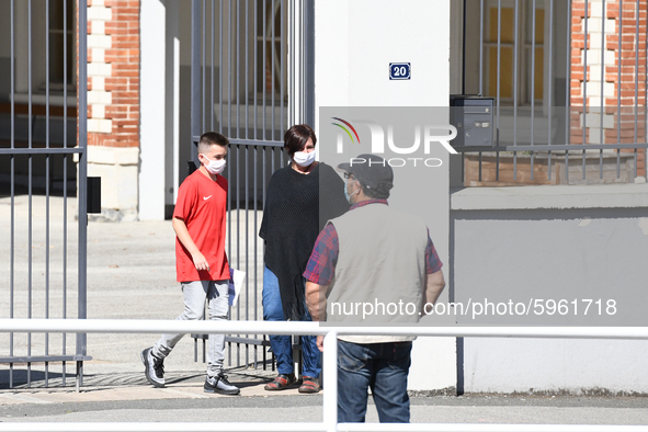 Students leaving college on the first day of school on September 1, 2020 in Chateaubriant, in western France. Due to the coronavirus epidemi...